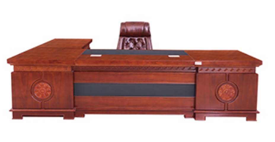 Traditional Carved Red-Brown Wood L-Shaped Executive Desk with Inlaid Leather Writing Pad EXD-LC2800-REDWD