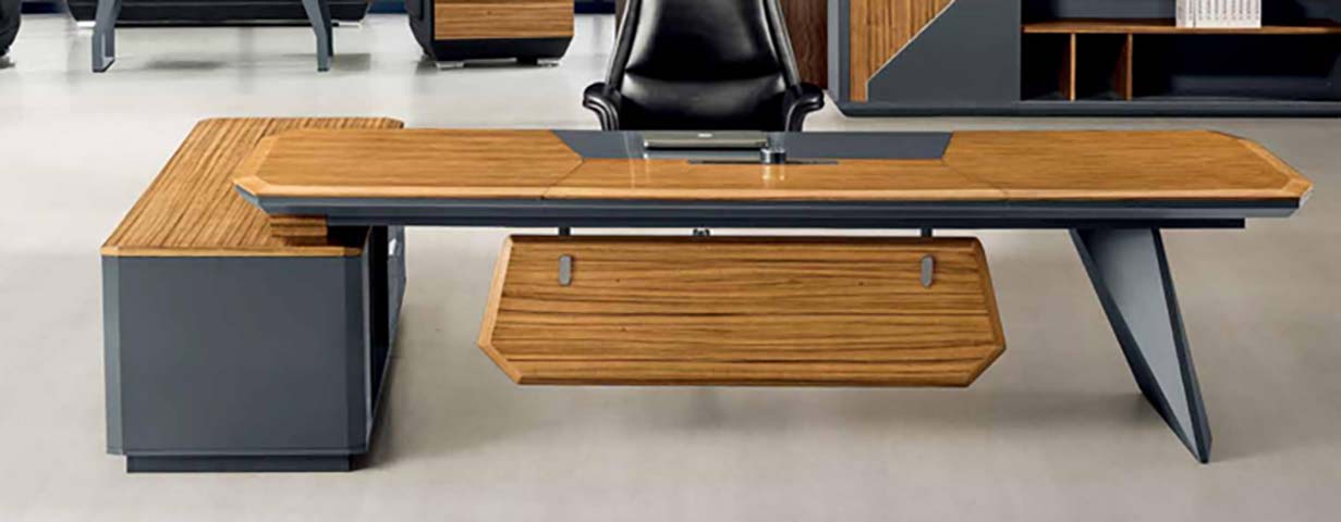 Two-Tone L-Shaped Executive Office Desk with Suspended Drawer and Side Return Pedestal EXD-L2800-WG-ANG