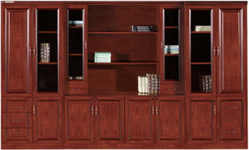 Traditional Mahogany Finish Executive Wall Bookcase with Glass Doors and Drawers EXB-MAH-3680-2490