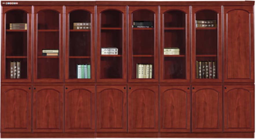 8-Bay Traditional Red Wood Office Bookcase with Arched Glass Upper Doors and Solid Lower Doors OBC-8BAY-ARCH-3600