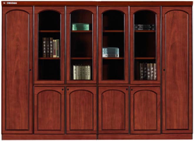 Traditional Red-Brown Six-Door Executive Office Bookcase with Arched Glass Upper Doors and Solid Lower Storage OF-BK-6D-2700-REDW