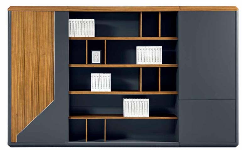 Two-Tone Walnut and Dark Gray Office Storage Bookcase with Mixed Open/Closed Compartments OFB-2400-WDG-5T2D