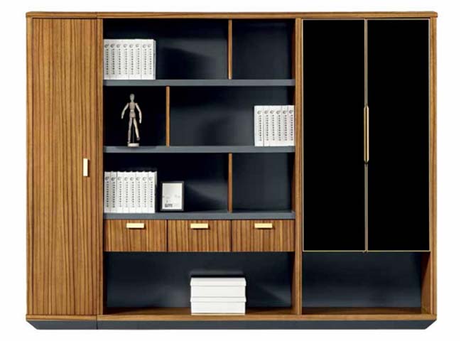Fluted Walnut and Black Executive Office Storage Cabinet with Drawers and Open Shelving OFC-STG-WB-2060
