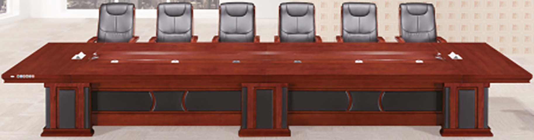 12-Person Rectangular Mahogany Veneer Boardroom Conference Table with Integrated Cable Management CONF-12P-MAH-PED-01