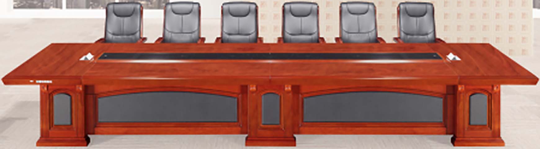 16-Person Rectangular Red Wood Veneer Boardroom Conference Table with Central Cable Raceway CF-RW-4800-3PED