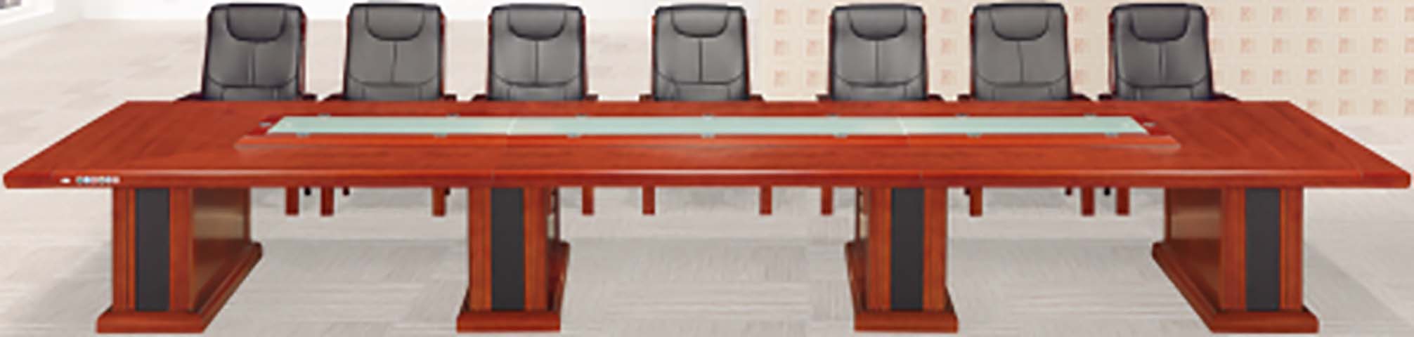 Large Rectangular Red Wood Veneer Boardroom Conference Table with Central Cable Management CONF-REC-5800-4PED