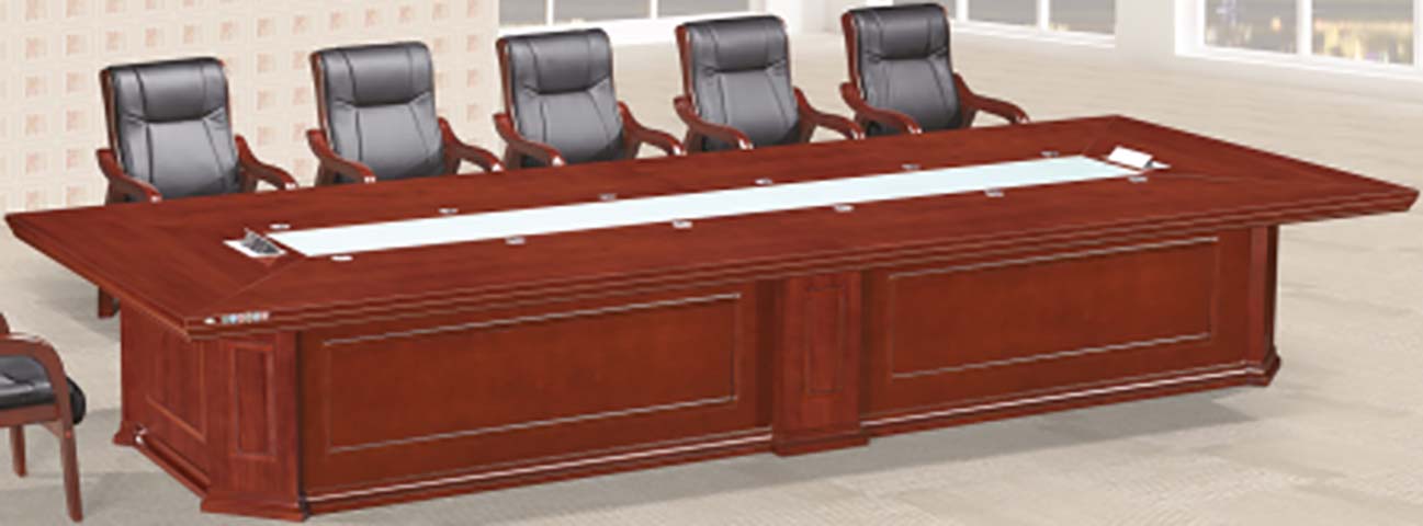 Traditional Red-Brown Wood Veneer Boat-Shaped Boardroom Conference Table with Central Cable Management CNF-BOAT-4800-RD-VNR