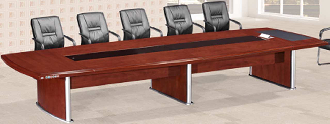Boat-Shaped Boardroom Conference Table with Central Cable Management and Chrome-Accented Panel Bases CONF-BOAT-4800-CHR-VNR
