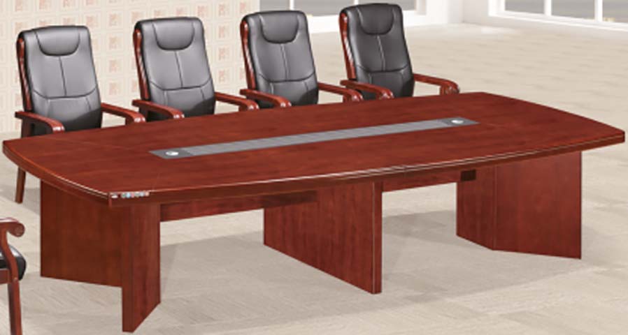 10-Person Boat-Shaped Reddish Brown Wood Veneer Conference Table with Central Cable Management CT-BOAT-3660-RW-01