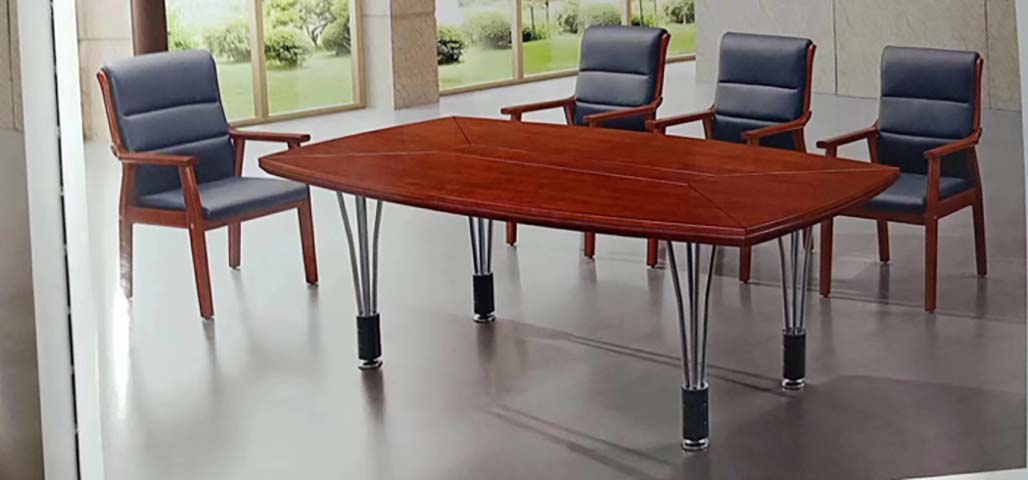 6-Seat Boat-Shaped Reddish Brown Veneer Conference Table with Multi-Rod Metal Legs CT-BOAT-2400-RB-ML