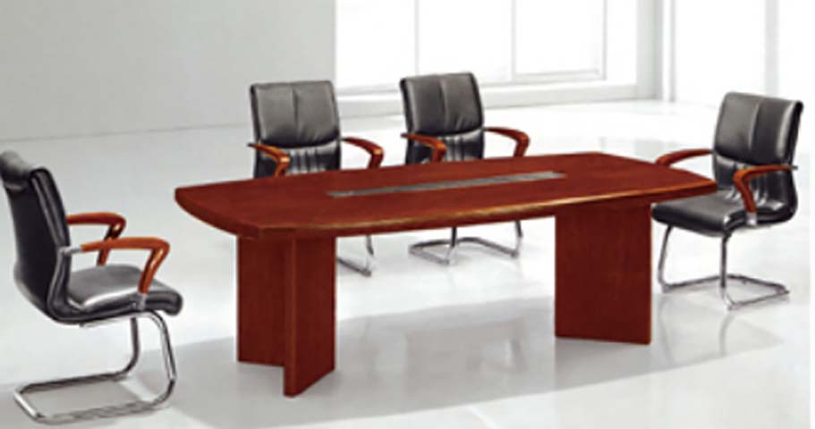 8-Person Boat-Shaped Mahogany Veneer Conference Table with Central Cable Management CONF-BOAT2400-MAH-2PED