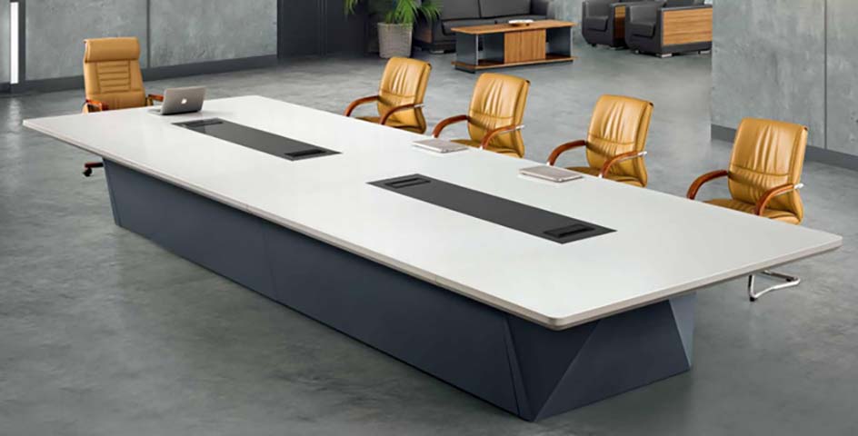 10-Person Boat-Shaped Conference Table with Central Cable Management CONF-BOAT-3600-WHT-DKGRY