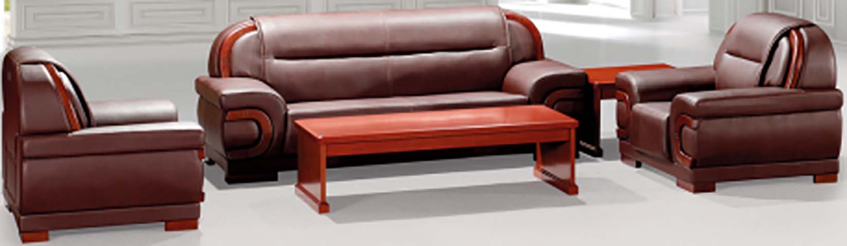 New Chinese Style Brown Faux Leather Executive Reception Sofa Set with Solid Wood Coffee & Side Tables OFS-RCV-113-001