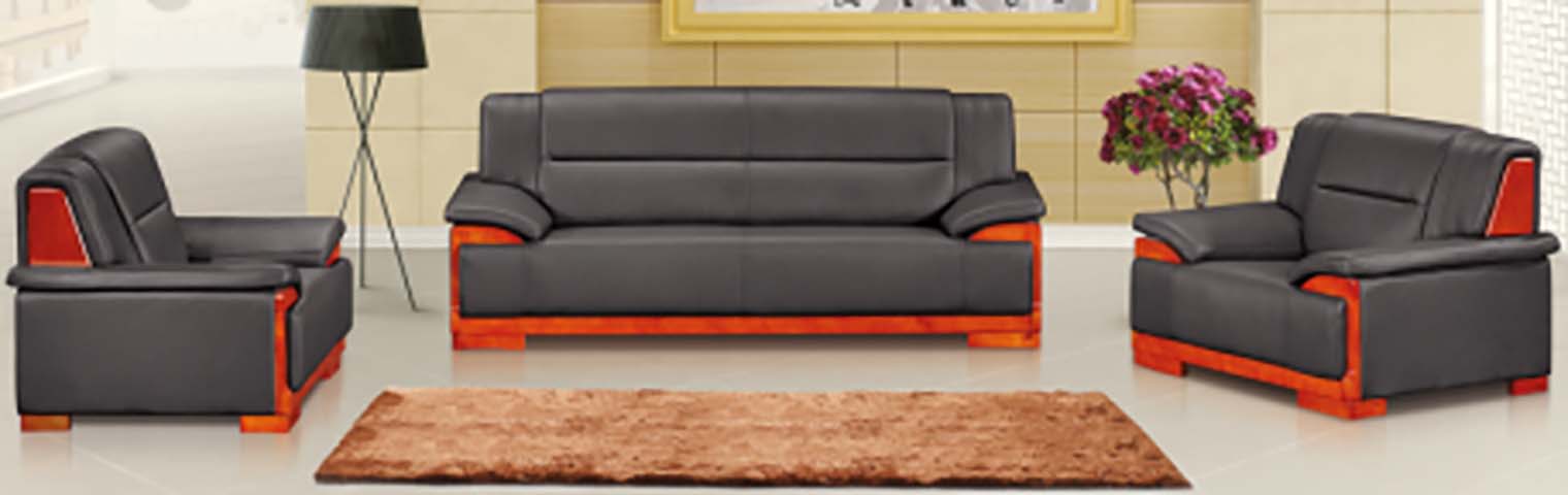 3-Piece Dark Gray Faux Leather Office Reception Sofa Set with Polished Reddish Wood Trim OFS-123-DG-RW-01