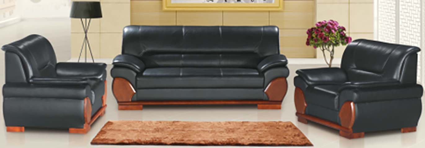 3+1+1 Black Leather Executive Office Reception Sofa Set with Solid Wood Trim OFS-311-BLK-WD