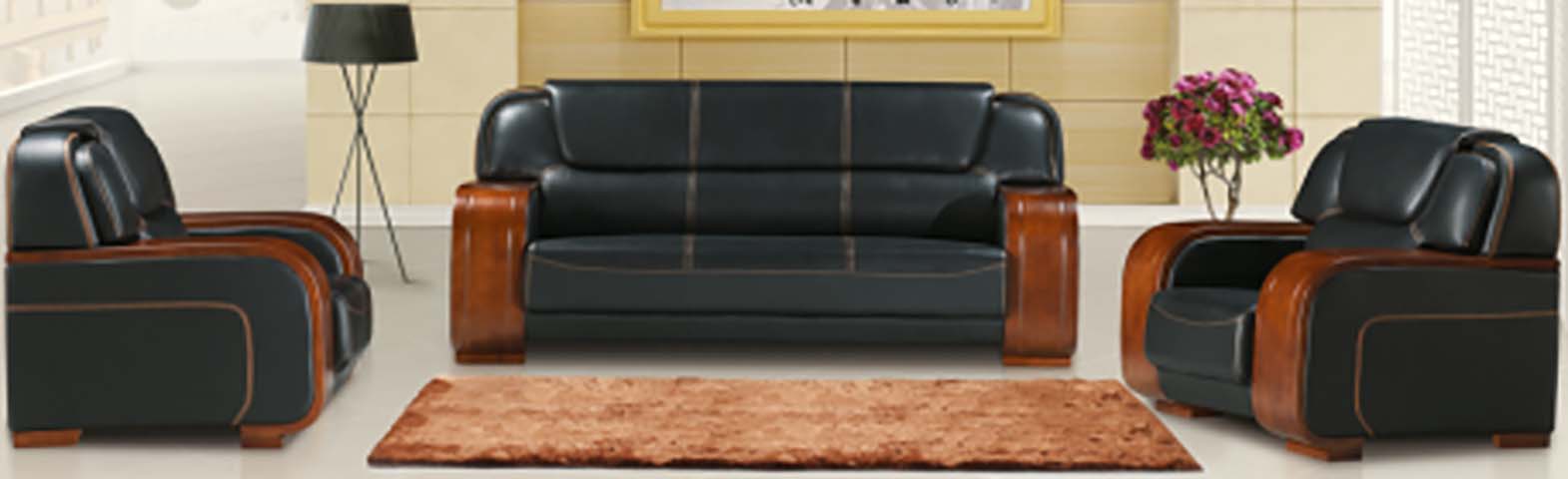 3+1+1 Configured Black Leather Upholstered Solid Wood Armrest Living Room Sofa Set LV-SOF-311-BLK-WD01