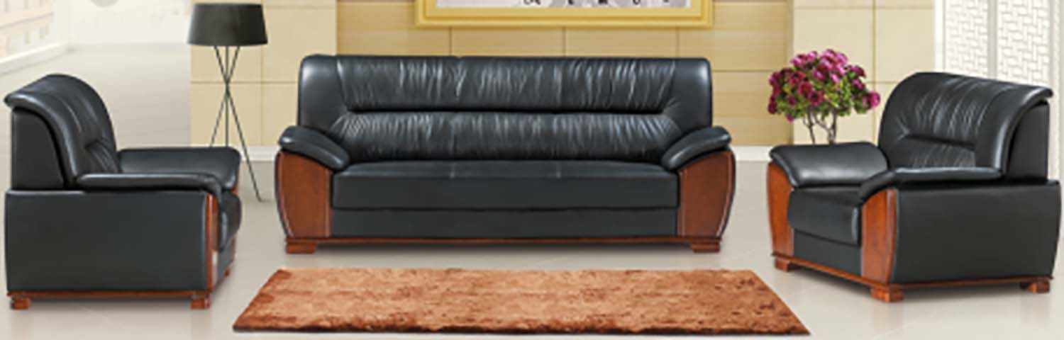 Black Faux Leather 3-Piece Office Sofa Set with Wood Trim LGS-3PC-WDTRM-001