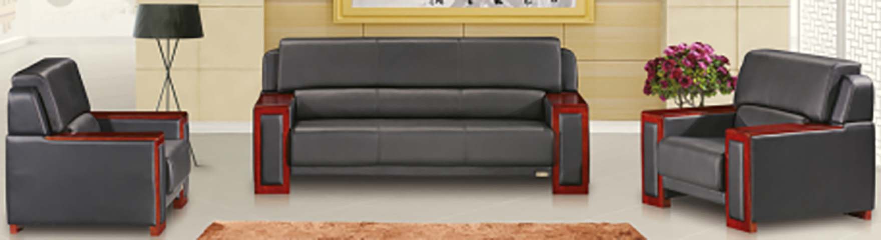 3+1+1 Black Faux Leather Executive Reception Office Sofa Set with Red Wood Trim OFS-311-BLKW-01