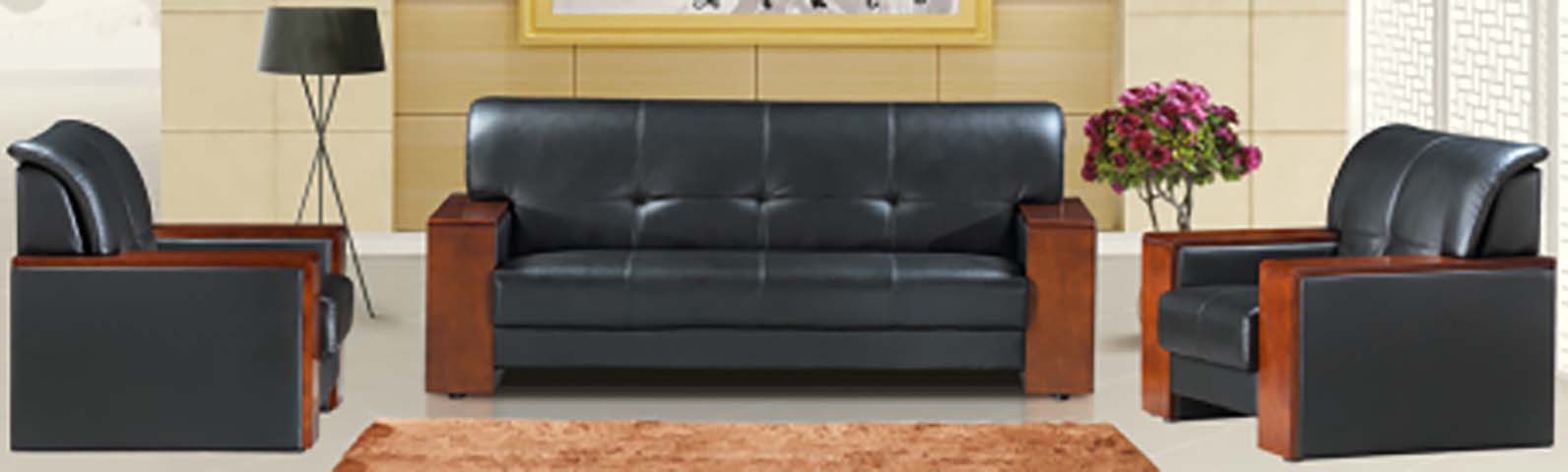 3+1+1 Configuration Black Faux Leather Office Reception Sofa Set with Solid Wood Arms REC-SF-311-BLK-WD