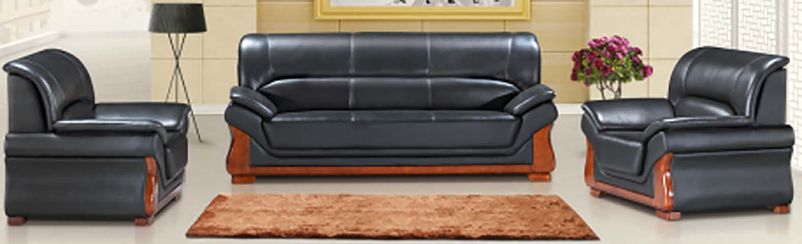 3+1+1 Black Leather Office Reception Sofa Set with Solid Wood Trim OF-RCP-SF-311-BK-WD