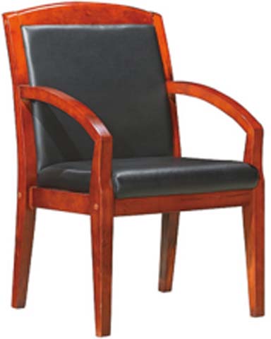 Reddish Brown Wood Frame Black Leather Upholstered Fixed Conference Armchair WFC-CONF-ARM-001
