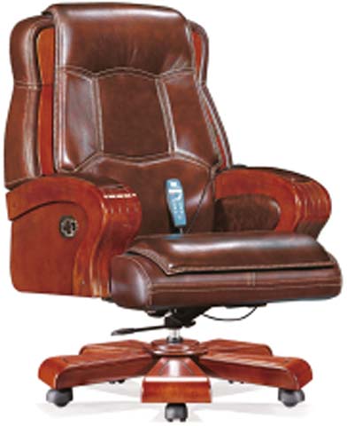 Brown Leather Executive Reclining Office Chair with Wood Accents, Footrest and Massage Remote EXE-REC-BRN-WD-01