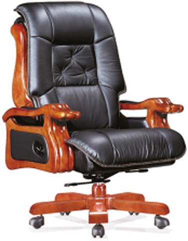 Tufted Black Leather Executive Office Chair with Solid Wood Armrests and Five-Point Wooden Base EXC-WD-001-TFB