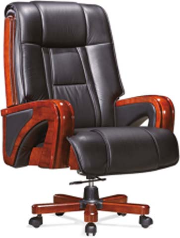 High-Back Black Faux Leather Executive Office Chair with Polished Wood Armrests and 5-Star Wooden Base EXE-WD-001-BLK