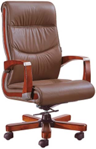 Brown Faux Leather Executive Office Chair with Wood Armrests and Five-Star Base EXEC-LTHR-WD-001