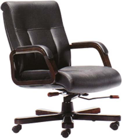 Mid-Back Black Upholstered Executive Office Chair with Dark Wood Trim Arms and 5-Star Caster Base EOB-MB-WA-5C-01