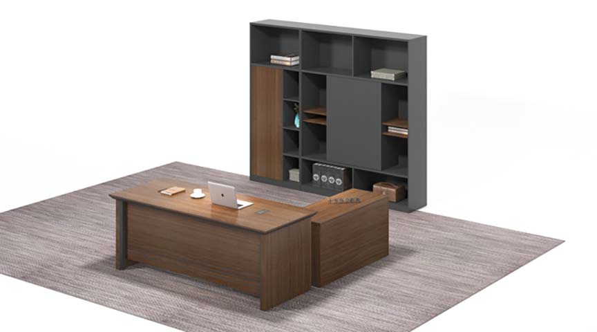 L-shaped Executive Office Desk with Matching Open Bookshelf Set EXEC-L240-BK240-WAL