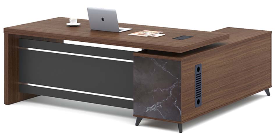 Walnut Finish L-Shaped Executive Office Desk with Cable Management and Marble Accent EXEC-L-WAL-2400-CBL