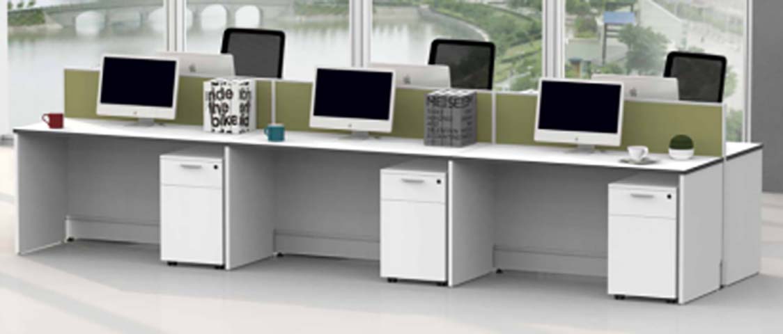 3-Person Straight Modular Open-Plan Office Workstation Cluster with Low Dividers and Mobile Pedestals WS-LIN-3P-WH-GRN-001