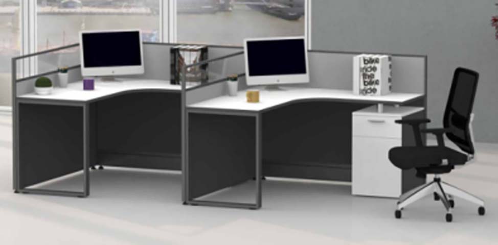 2-Person Curved Office Workstation with Privacy Divider and Attached Pedestal CW2-760-CRV-DIV