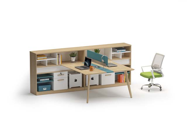 Two-Person Side-by-Side Office Workstation with Integrated Rear Storage Hutch WS-2P-OAK-TEAL-2400