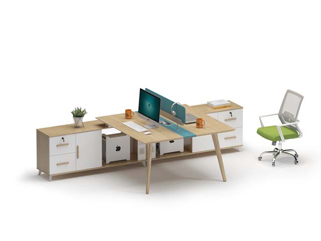 2-Person Office Workstation Desk with Integrated Side Storage Cabinets WS-2P-LK2400-OAK-WHT
