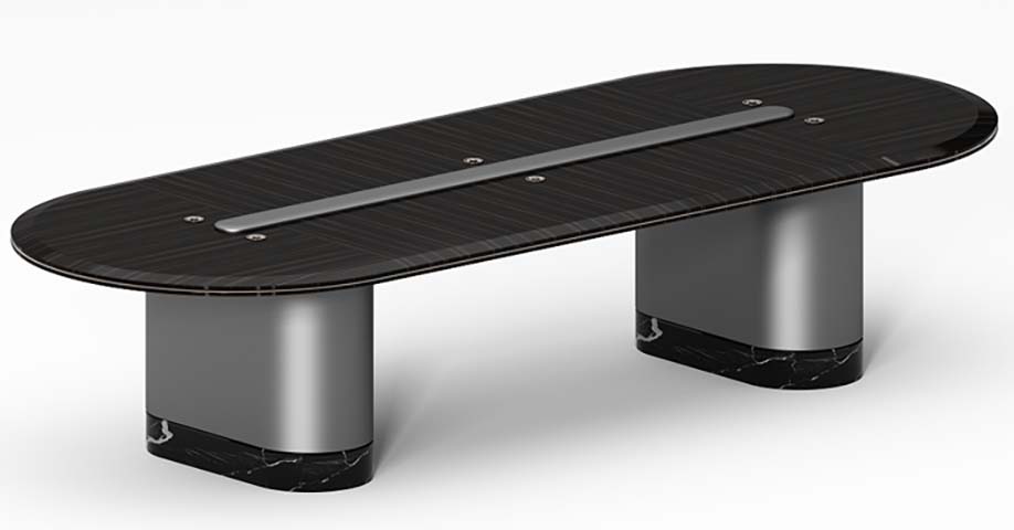 Contemporary Dark Wood Grain Racetrack Coffee Table with Gunmetal Cylindrical Pedestals CT-RT160-GM01