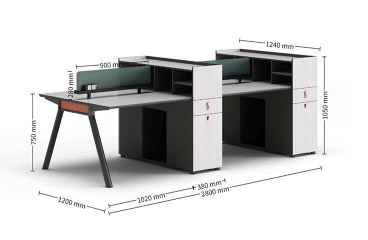 Double-Sided 4-Person Modular Office Bench Workstation with Privacy Dividers, Integrated Drawer Pedestals and Overhead Storage WS-4P-2800-DBL-AFRAME