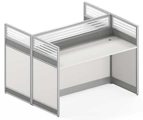 2-Seat Linear Modular Office Cubicle Workstation with Frosted Upper Partition Panels CUB-2S-FR1200