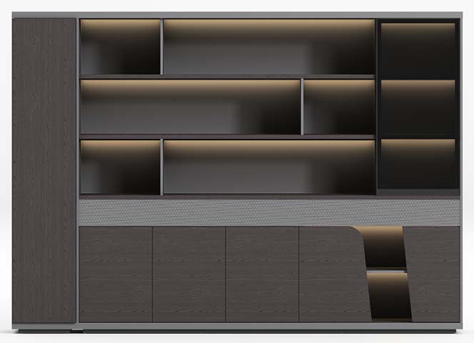 Executive Office Back-Wall Storage Cabinet with Illuminated Open Display Shelves OFC-STG-3200-LED