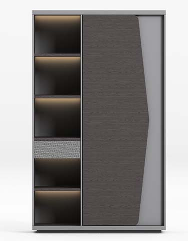 Contemporary Asymmetrical Curved Sliding Door Wardrobe with Lit Open Display Shelves SW-ASYM-2000-DG