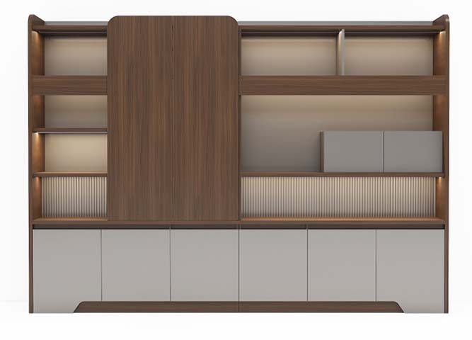 Walnut & Light Gray Two-Tone Executive Office Background Storage Bookcase Wall Unit OFB-WG3200-FL6D-LED