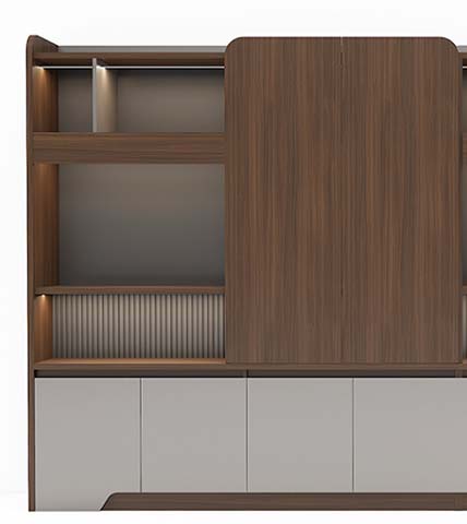 Modern Walnut-Veneer and Light Gray Modular Executive Storage Credenza with LED Display Shelves CRD-MOD-WG-2400