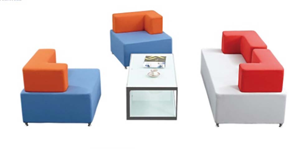Caster-Mounted Modular Sectional Lounge Seating Set with Frosted Glass Coffee Table MOD-LNG-04CT-WHL