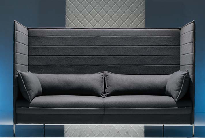 Dark Charcoal Grey Horizontal Channel-Tufted 3-Seat High-Back Winged Booth Sofa with Polished Metal Legs HBW-BOOTH-3S-2250-DG