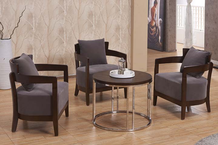 3-Piece Grey Upholstered Wood-Frame Lounge Armchair Set with Dark Wood Round Chrome-Base Coffee Table LGS-3CHR-RCT001