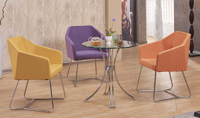 3-Piece Modern Bistro Dining Set with Round Glass Top Table and Multicolor Upholstered Bucket Armchairs BS-3C-GL80-CHR-SLD