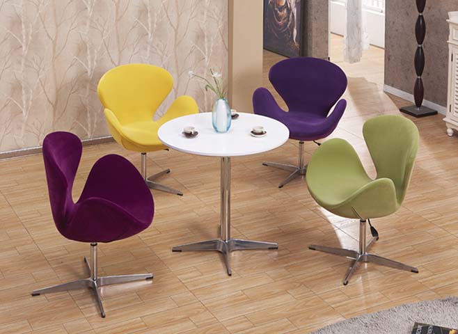 5-Piece Round White Gloss Conversation Dining Set with 4 Multicolor Swan Swivel Chairs RND-WHT-4SWAN-CONVO-SET