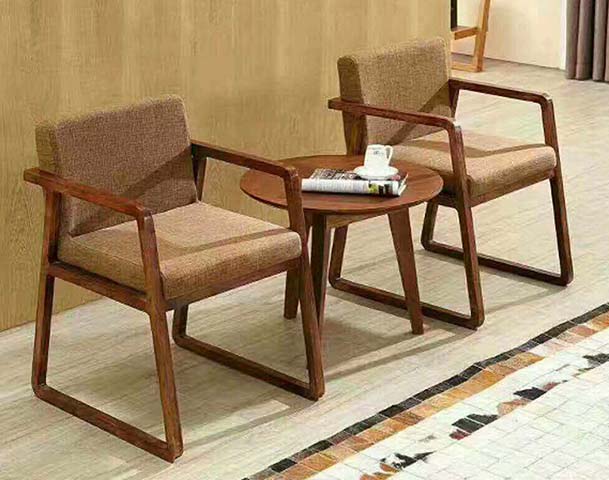 Walnut Finish Solid Wood Frame Fabric Upholstered 2-Person Lounge Seating Set with Round Side Table LNG-SET-WL02-3PC