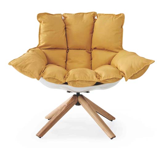 Mustard Grid-Cushion Swivel Lounge Armchair with White Shell and Wood Spider Base LA-SW-9C-WS-890